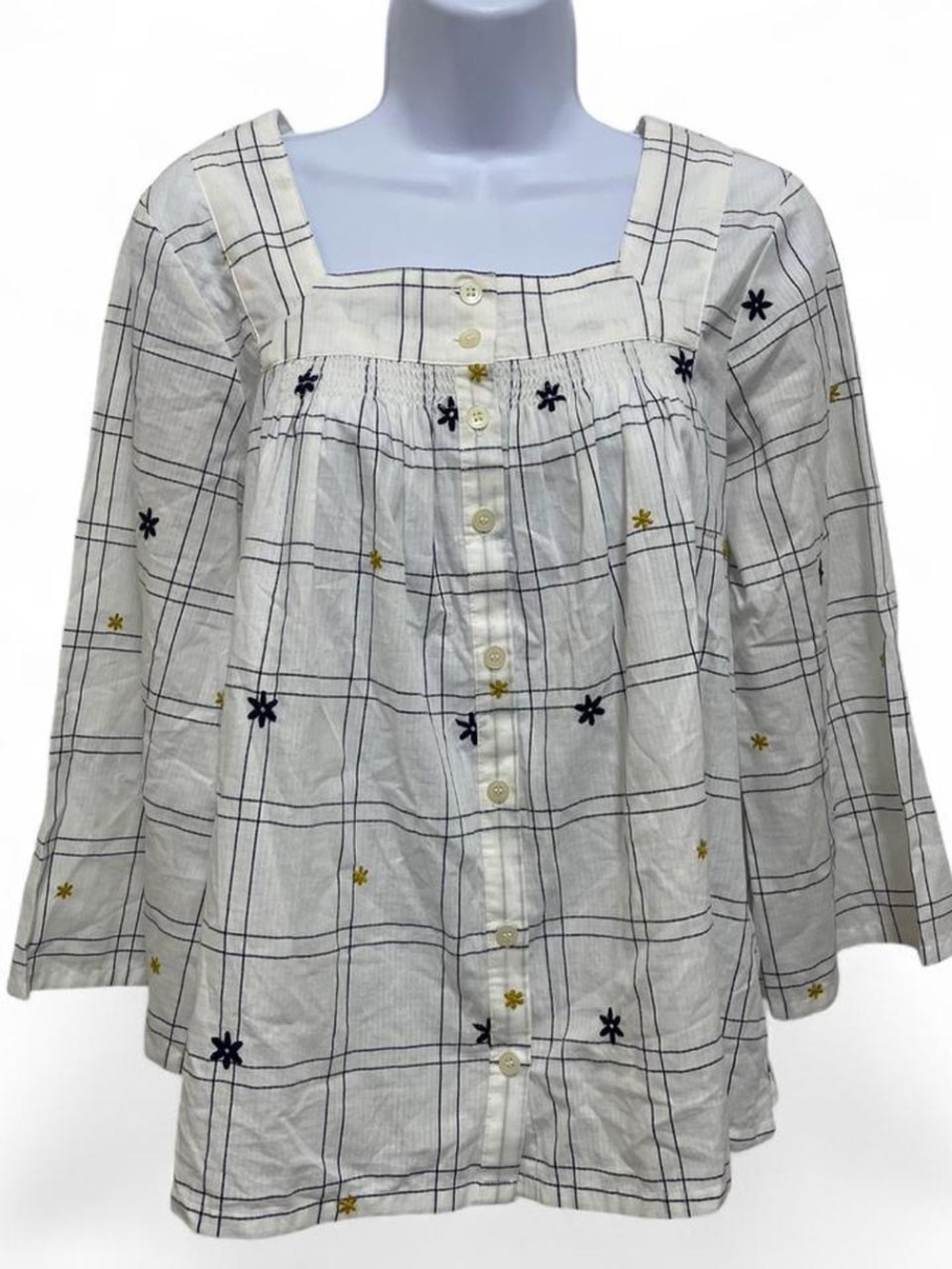 Madewell White Plaid Button-Front Top with Navy and Gold Embroidery